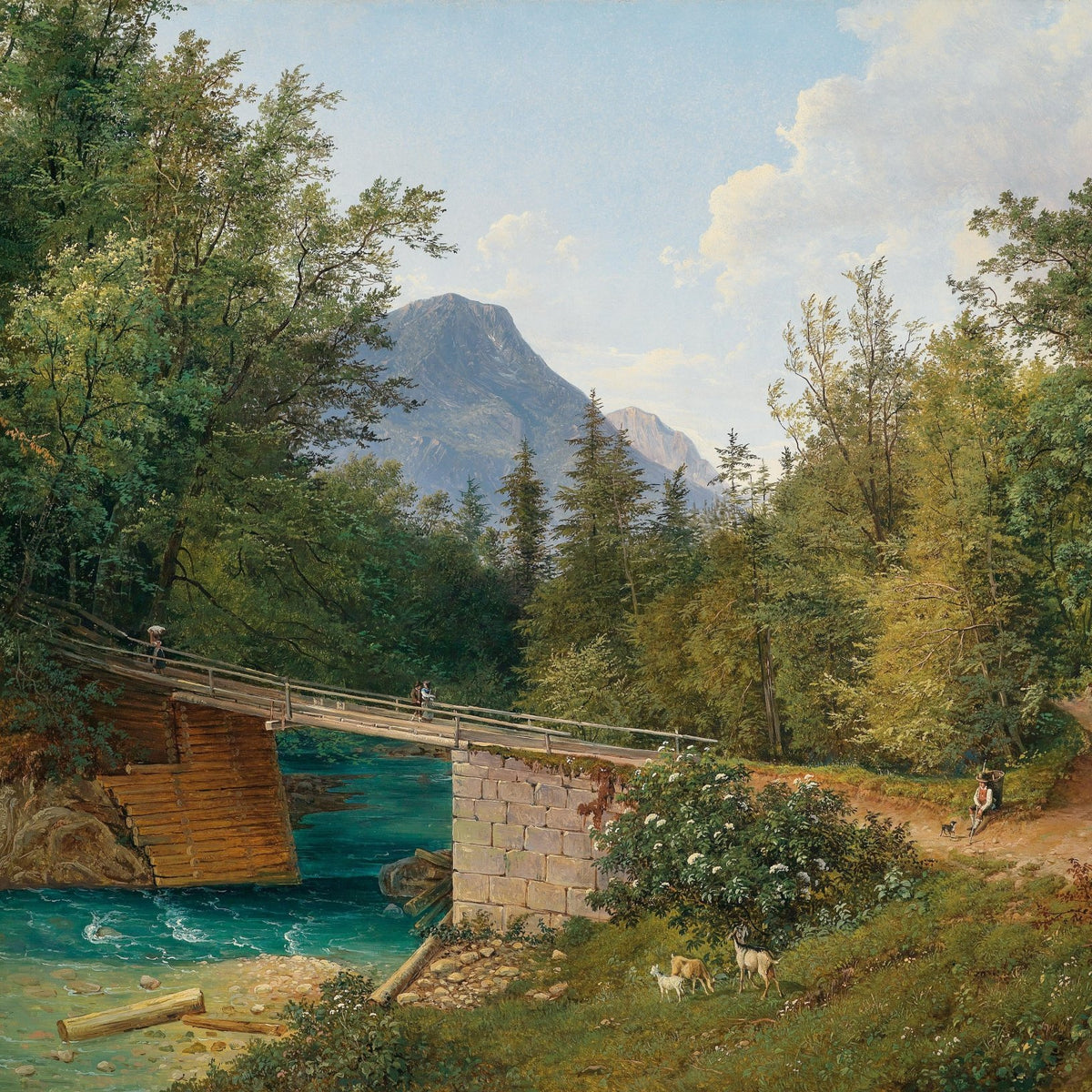 Mountain Stream with Wooden Bridge and Figures – Landscape Oil Painting - Oil Painting Haven