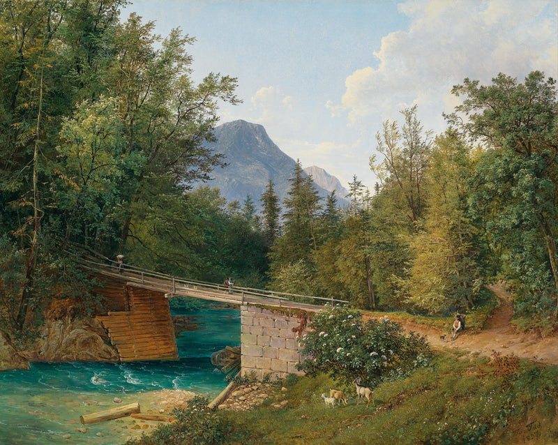 Mountain Stream with Wooden Bridge and Figures – Landscape Oil Painting - Oil Painting Haven