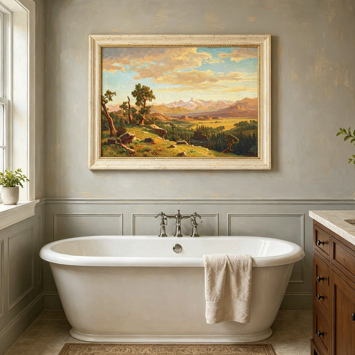 Framed hand-painted mountain valley panorama with golden hills and distant peaks displayed above a freestanding bathtub.