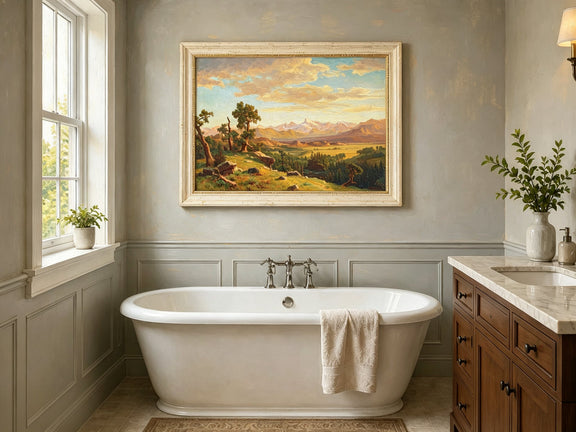 Framed hand-painted mountain valley panorama with golden hills and distant peaks displayed above a freestanding bathtub.