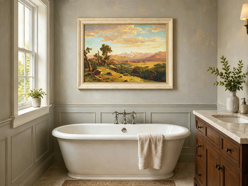 Framed hand-painted mountain valley panorama with golden hills and distant peaks displayed above a freestanding bathtub.