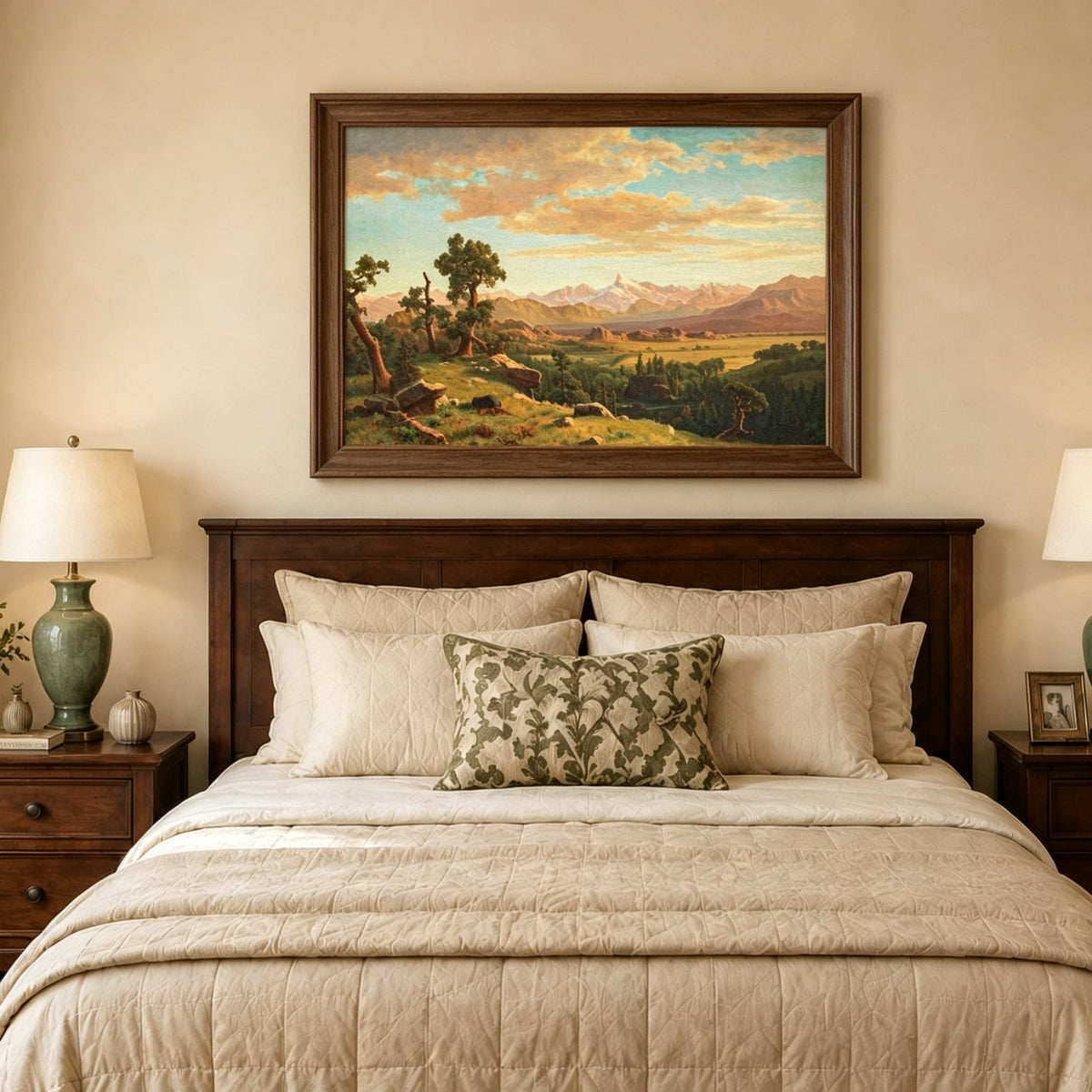 Framed hand-painted mountain valley panorama with golden hills and distant peaks displayed above a wooden bed in a neutral bedroom.