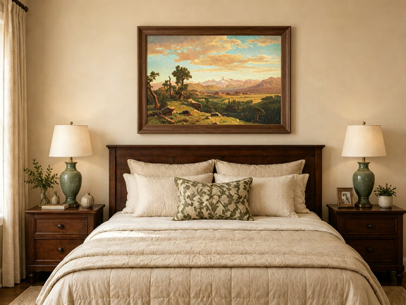 Framed hand-painted mountain valley panorama with golden hills and distant peaks displayed above a wooden bed in a neutral bedroom.