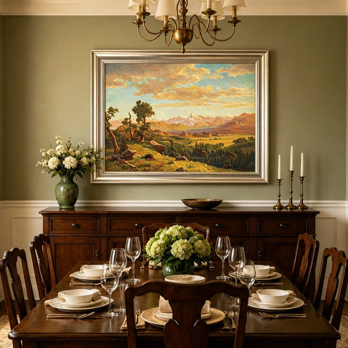 Framed hand-painted mountain valley panorama with golden hills and distant peaks displayed above a formal dining table.