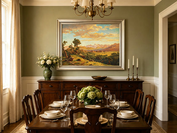 Framed hand-painted mountain valley panorama with golden hills and distant peaks displayed above a formal dining table.