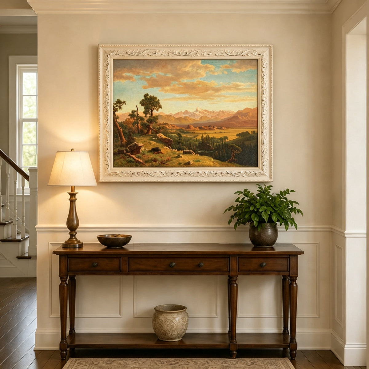 Framed hand-painted mountain valley panorama with golden hills and distant peaks displayed above an entryway console table.