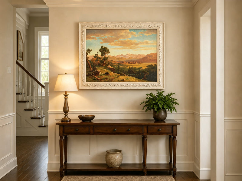 Framed hand-painted mountain valley panorama with golden hills and distant peaks displayed above an entryway console table.