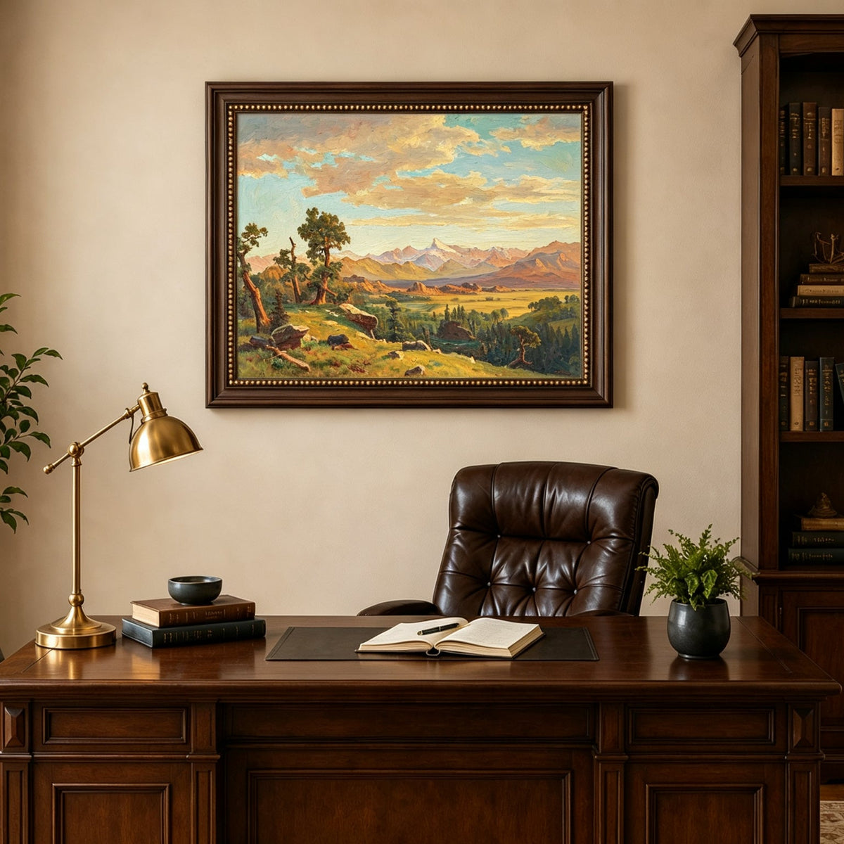 Framed hand-painted mountain valley panorama with golden hills and distant peaks displayed above a traditional home office desk.
