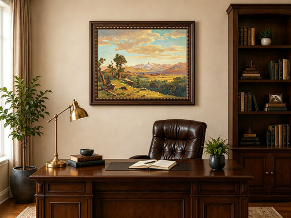 Framed hand-painted mountain valley panorama with golden hills and distant peaks displayed above a traditional home office desk.