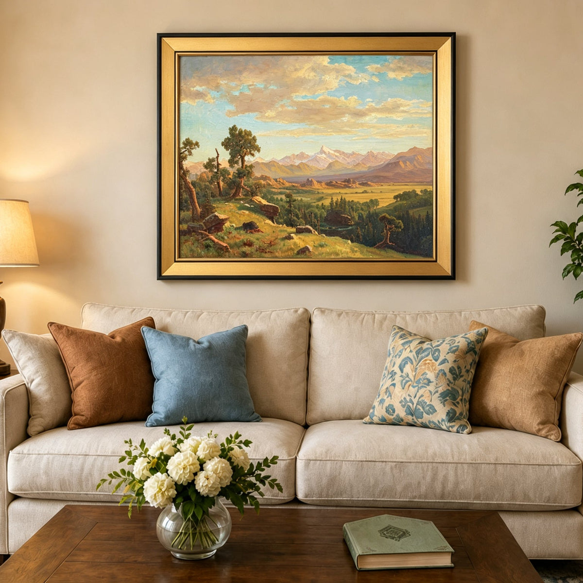 Framed hand-painted mountain valley panorama with golden hills and distant peaks displayed above a neutral living room sofa.