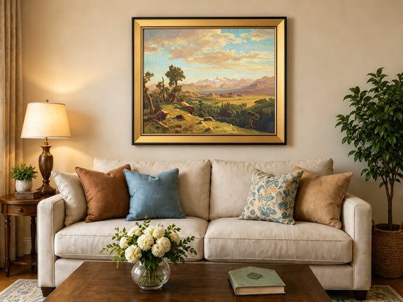 Framed hand-painted mountain valley panorama with golden hills and distant peaks displayed above a neutral living room sofa.