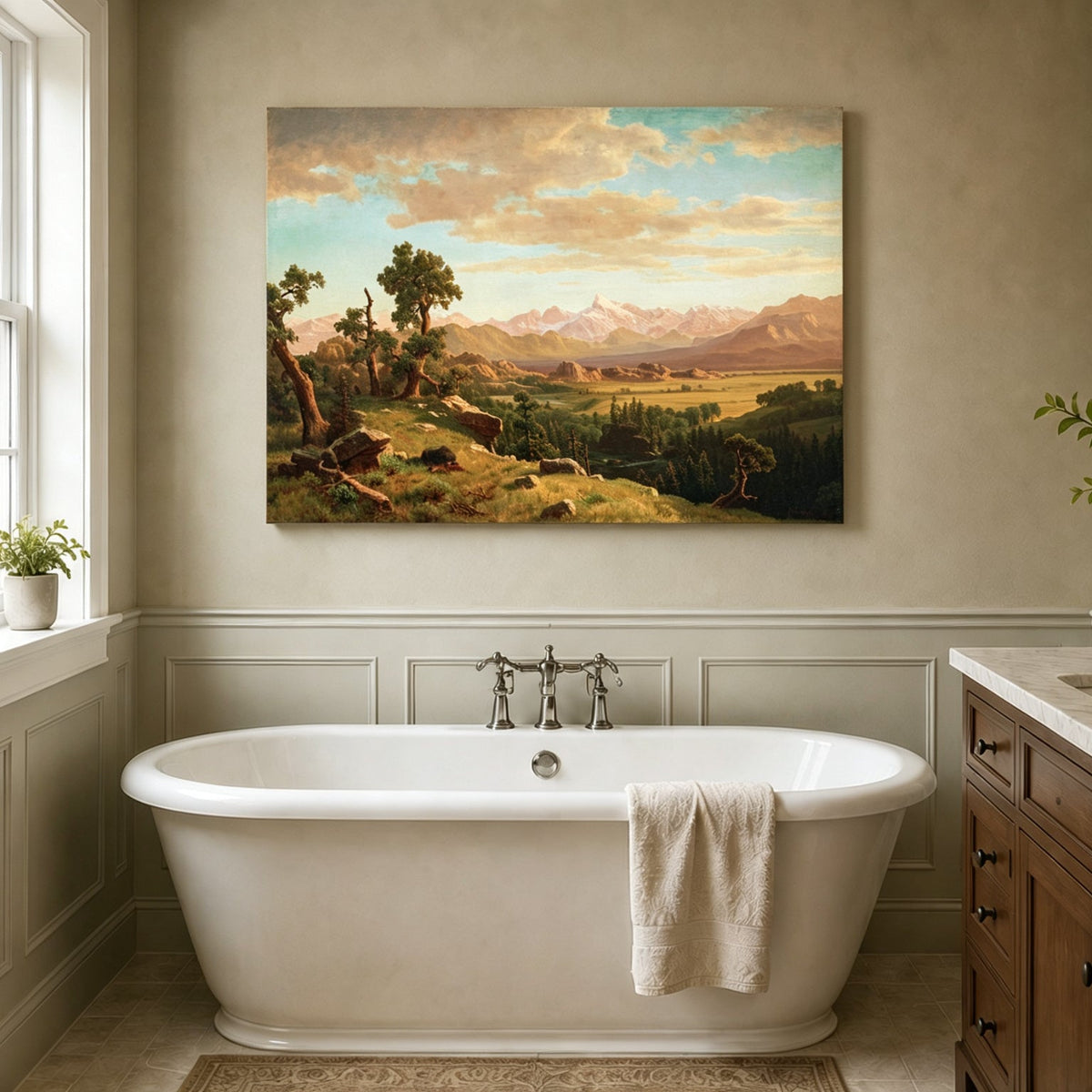 Unframed hand-painted mountain valley panorama with golden hills and distant peaks displayed above a freestanding bathtub.