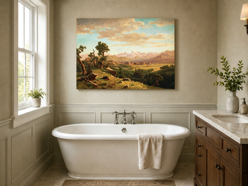 Unframed hand-painted mountain valley panorama with golden hills and distant peaks displayed above a freestanding bathtub.