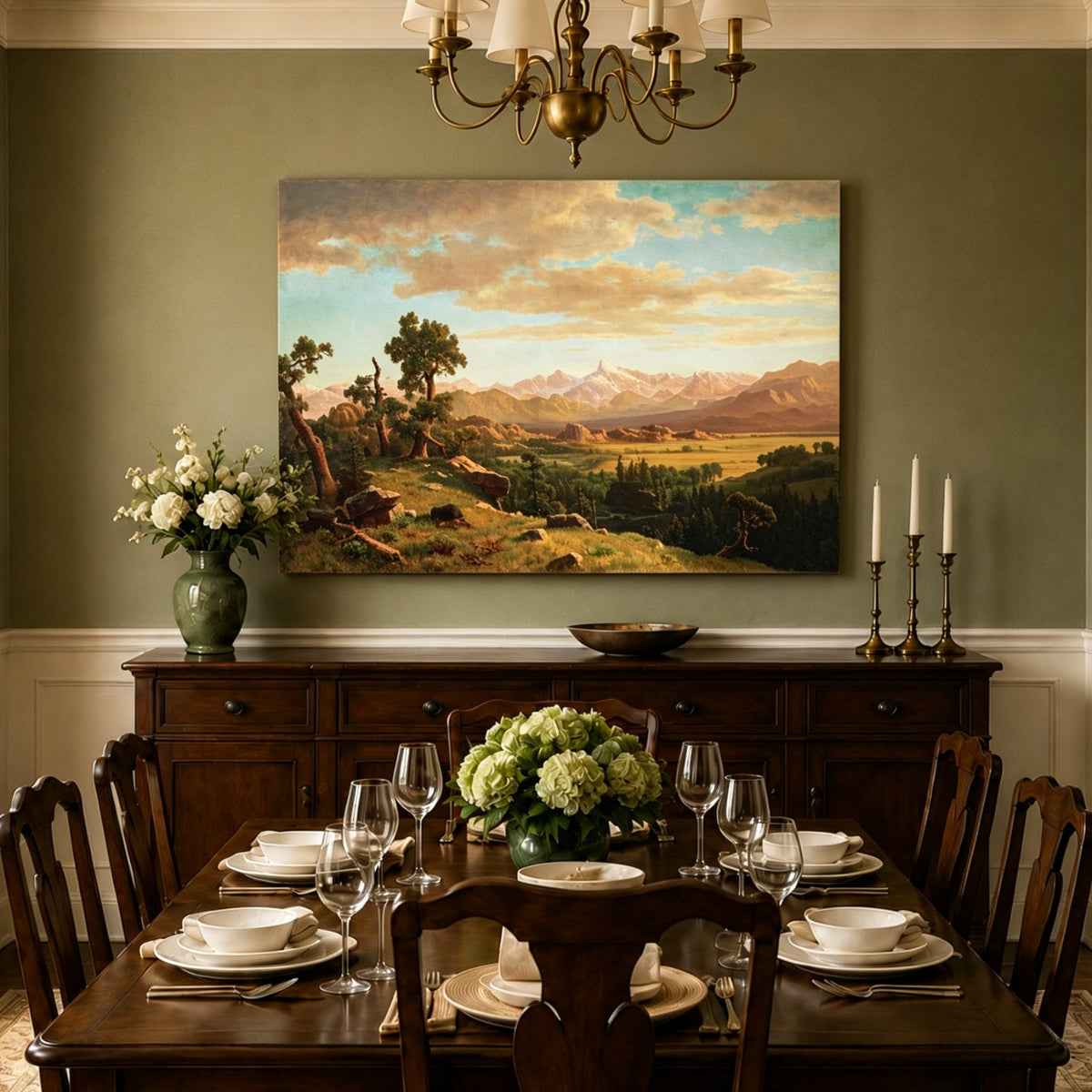 Unframed hand-painted mountain valley panorama with golden hills and distant peaks displayed above a formal dining table.