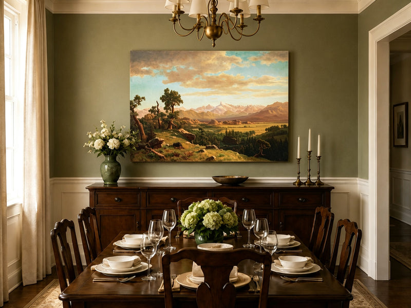 Unframed hand-painted mountain valley panorama with golden hills and distant peaks displayed above a formal dining table.