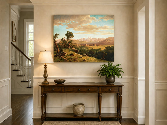 Unframed hand-painted mountain valley panorama with golden hills and distant peaks displayed above an entryway console table.