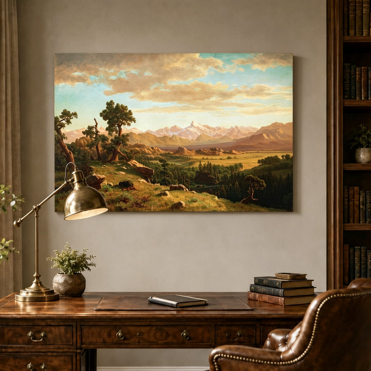 Unframed hand-painted mountain valley panorama with golden hills and distant peaks displayed above a traditional home office desk.