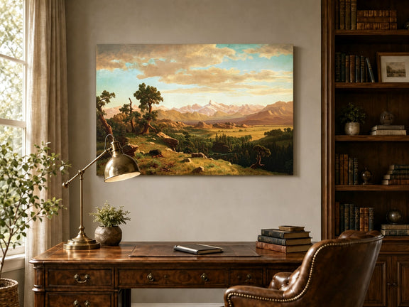 Unframed hand-painted mountain valley panorama with golden hills and distant peaks displayed above a traditional home office desk.