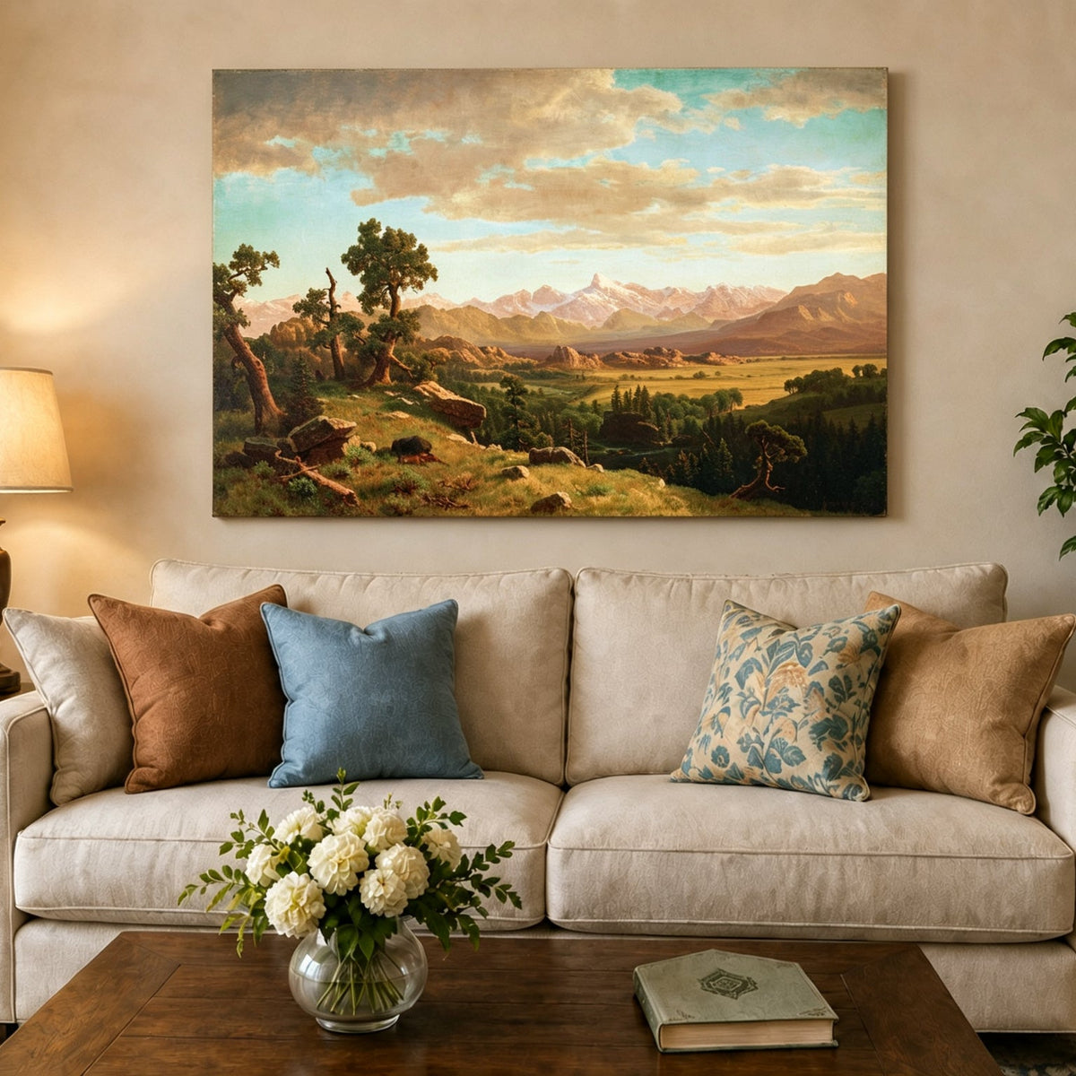 Unframed hand-painted mountain valley panorama with golden hills and distant peaks displayed above a neutral living room sofa.