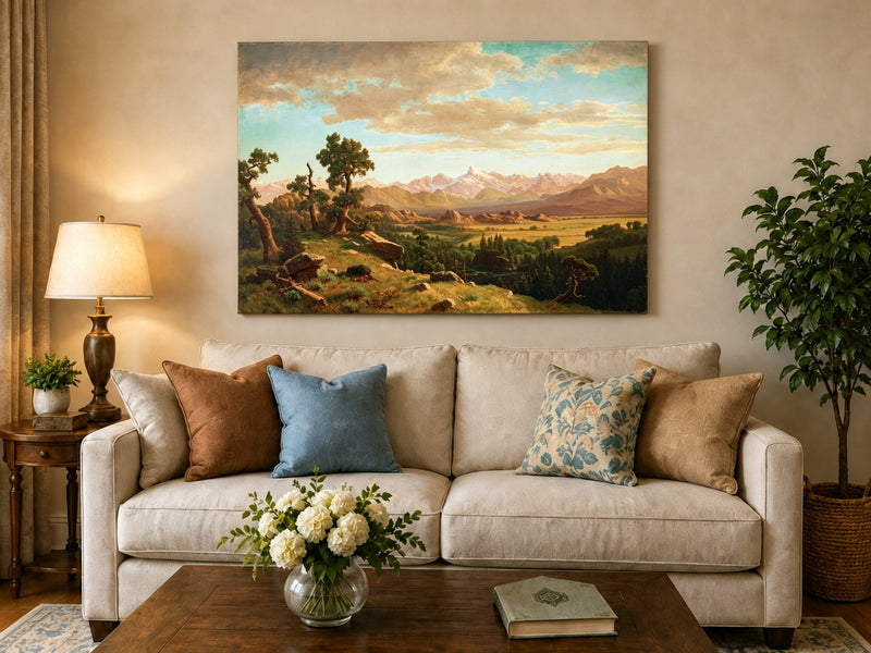 Unframed hand-painted mountain valley panorama with golden hills and distant peaks displayed above a neutral living room sofa.