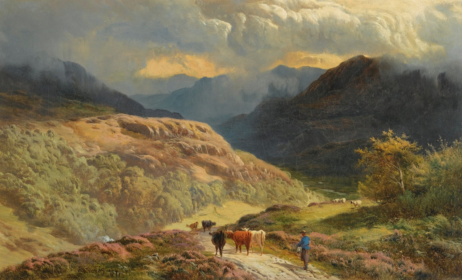 Mountain Valley Pastoral Scene, Cattle, Hills – Landscape Oil Painting - Oil Painting Haven