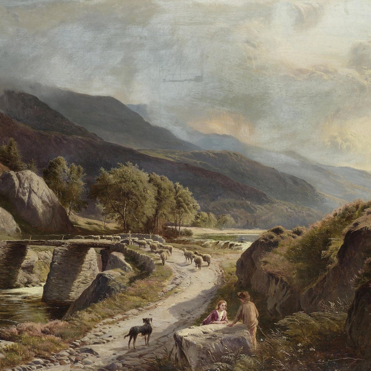 Mountain Valley Path, Stone Bridge, Figures – Landscape Oil Painting - Oil Painting Haven