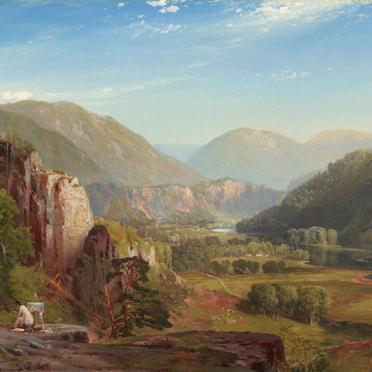Hand-painted mountain valley view with artist and river landscape oil painting on canvas
