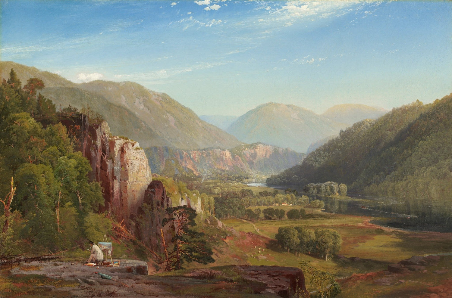 Hand-painted mountain valley view with artist and river landscape oil painting on canvas