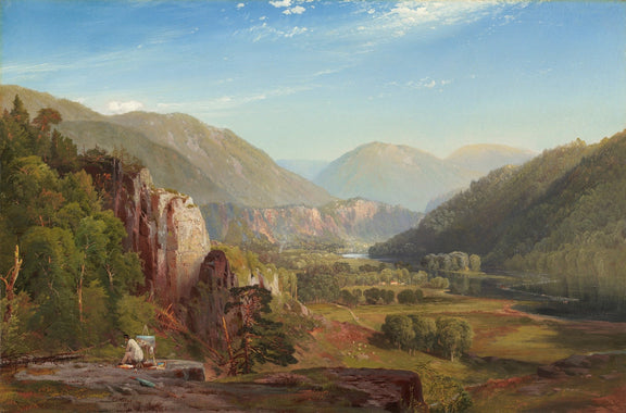Hand-painted mountain valley view with artist and river landscape oil painting on canvas