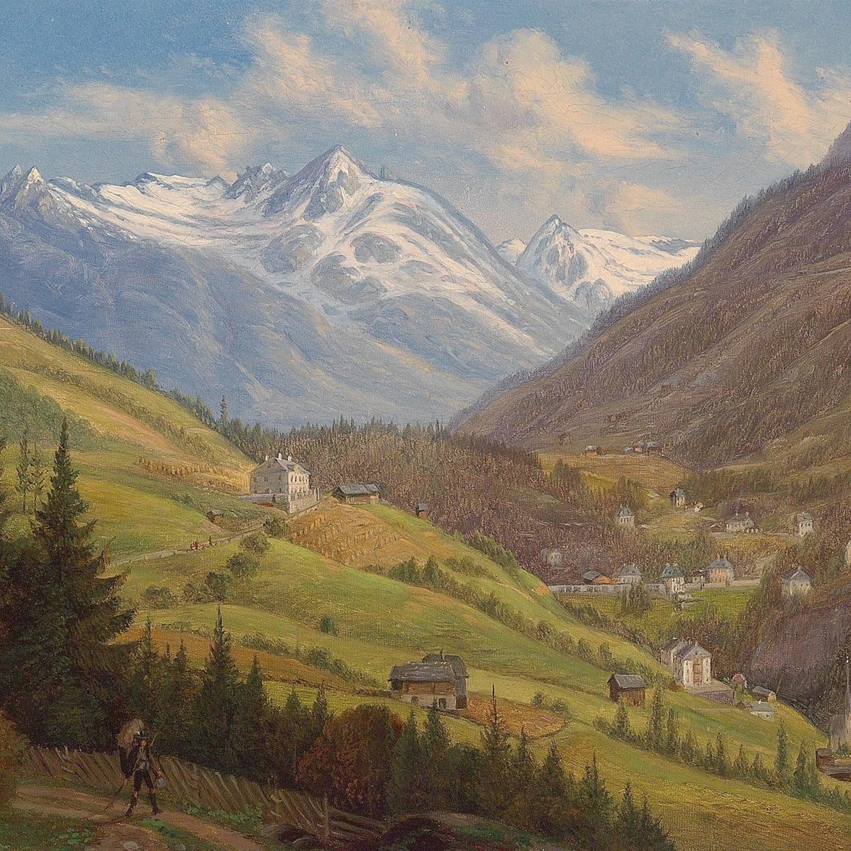 Mountain Valley Village beneath Snowy Peaks – Landscape Oil Painting - Oil Painting Haven