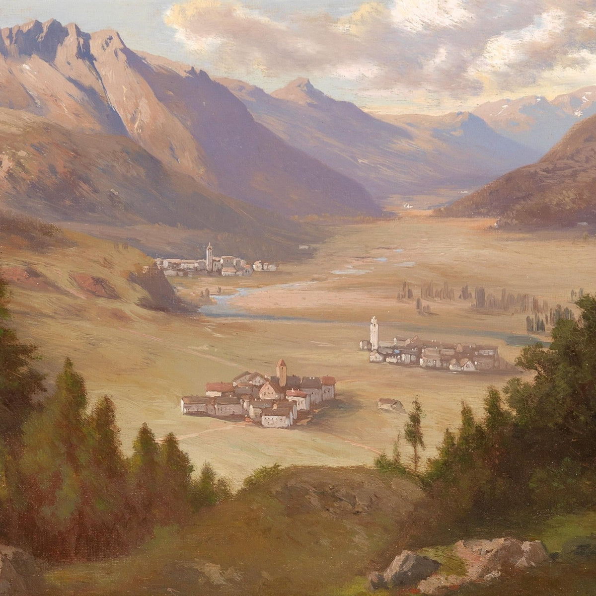 Mountain Valley Village View – Hand - Painted Landscape Oil Painting - Oil Painting Haven