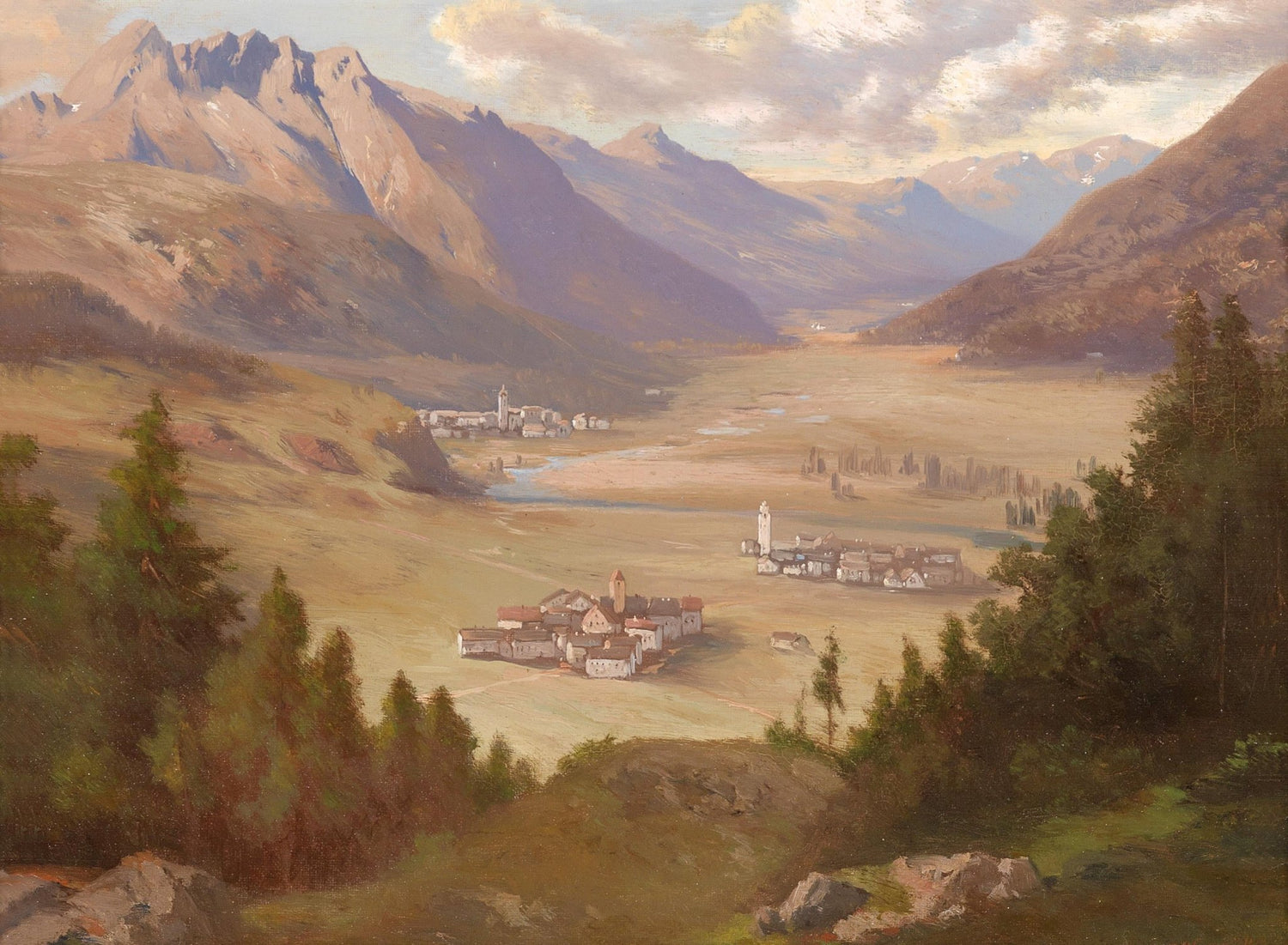 Mountain Valley Village View – Hand - Painted Landscape Oil Painting - Oil Painting Haven