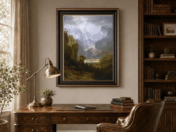 Framed hand-painted mountain valley oil painting with a waterfall and lake displayed above a traditional home office desk.