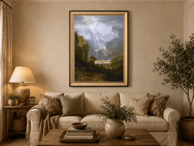 Framed hand-painted mountain valley oil painting with a waterfall and lake displayed above a neutral living room sofa.