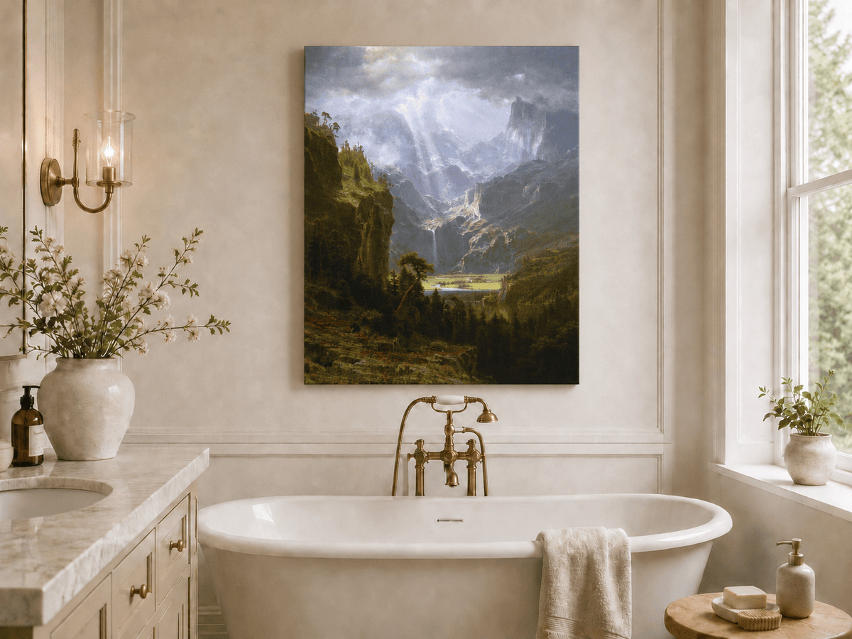 Unframed hand-painted mountain valley oil painting with a waterfall and lake displayed above a freestanding bathtub.
