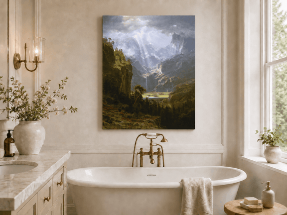 Unframed hand-painted mountain valley oil painting with a waterfall and lake displayed above a freestanding bathtub.