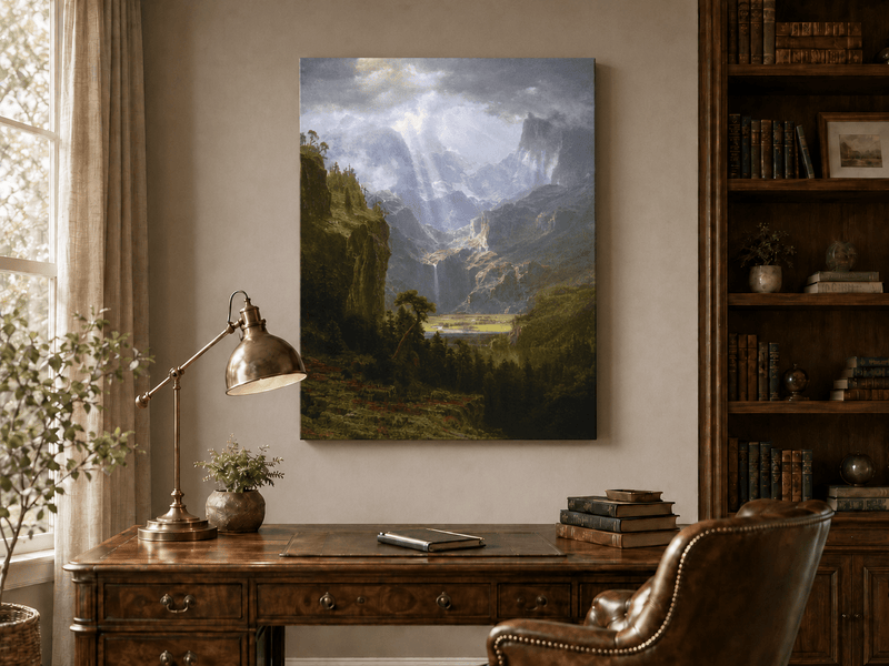 Unframed hand-painted mountain valley oil painting with a waterfall and lake displayed above a traditional home office desk.