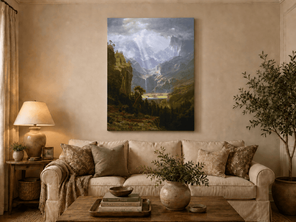 Unframed hand-painted mountain valley oil painting with a waterfall and lake displayed above a neutral living room sofa.