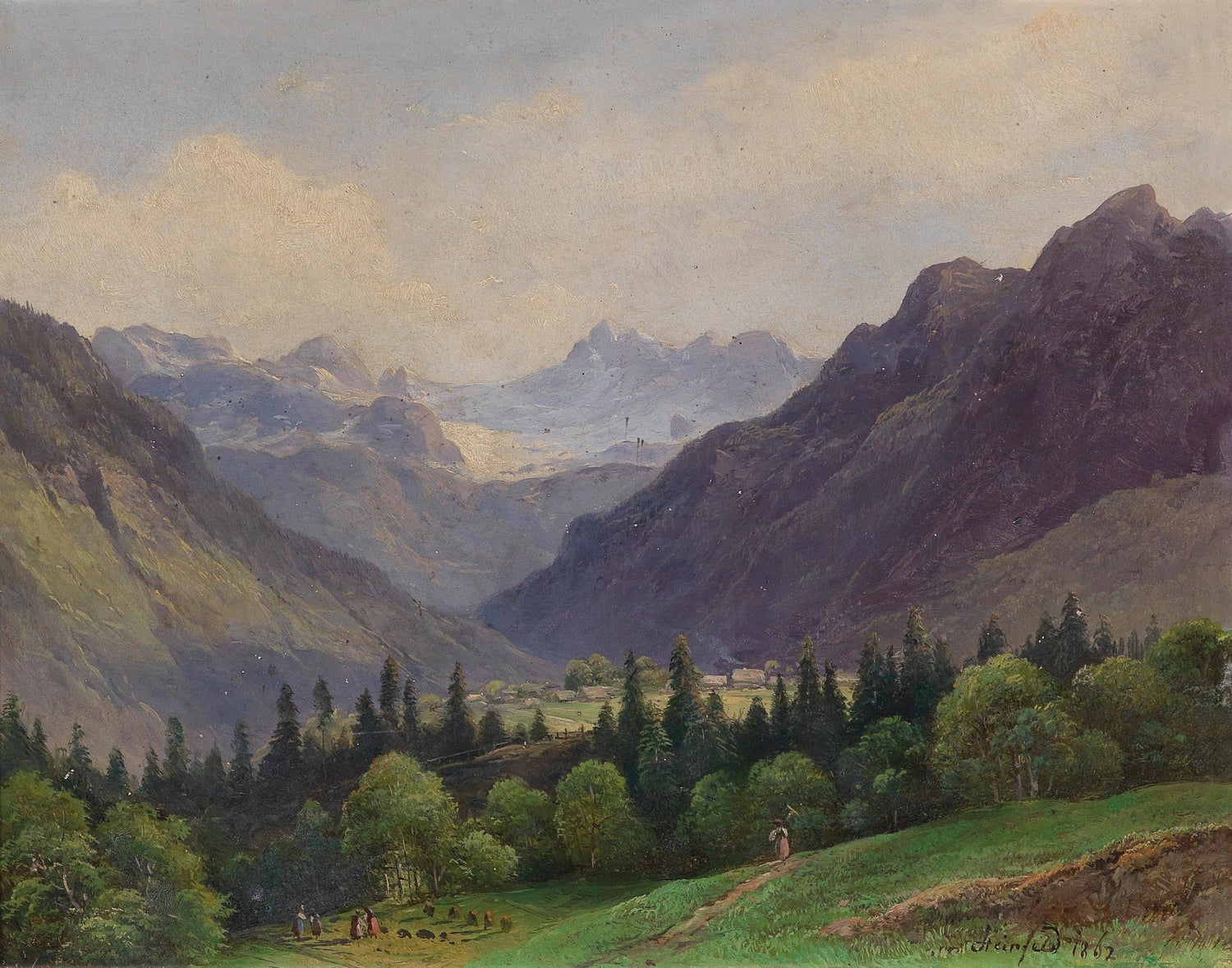 Mountain Valley with Alpine Peaks – Hand - Painted Landscape Oil Painting - Oil Painting Haven