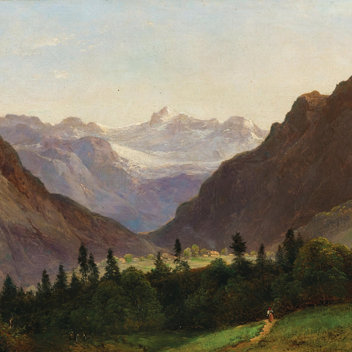 Mountain Valley with Alpine Peaks – Hand - Painted Landscape Oil Painting - Oil Painting Haven
