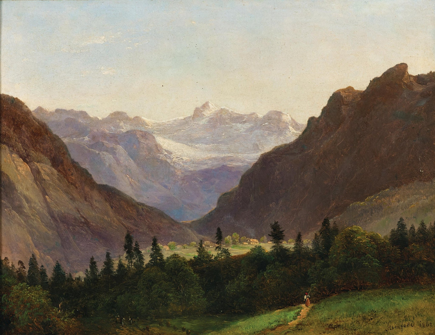 Mountain Valley with Alpine Peaks – Hand - Painted Landscape Oil Painting - Oil Painting Haven