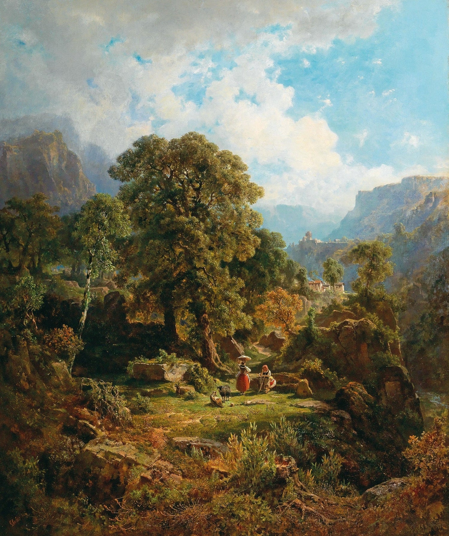 Mountain Valley with Figures and Trees – Landscape Oil Painting - Oil Painting Haven