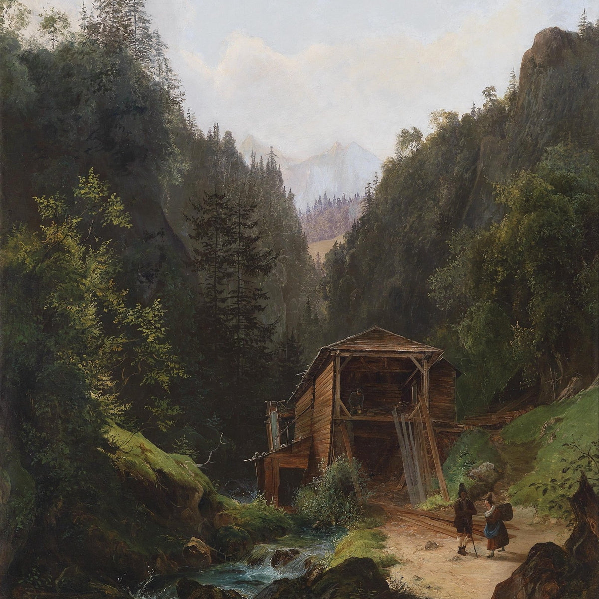 Mountain Valley with Forest Mill – Hand - Painted Landscape Oil Painting - Oil Painting Haven