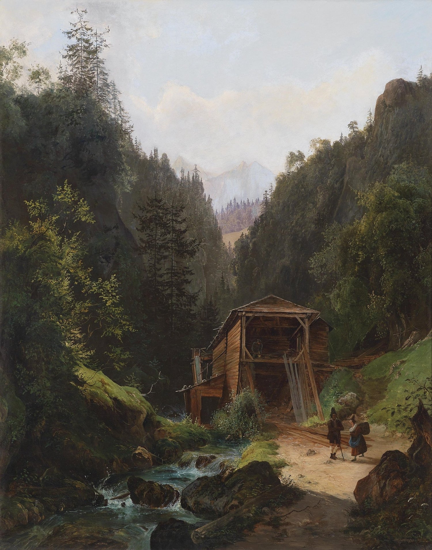 Mountain Valley with Forest Mill – Hand - Painted Landscape Oil Painting - Oil Painting Haven