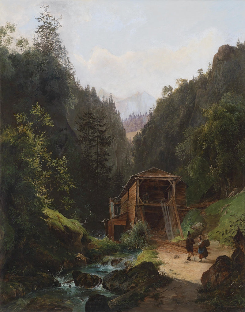 Mountain Valley with Forest Mill – Hand - Painted Landscape Oil Painting - Oil Painting Haven