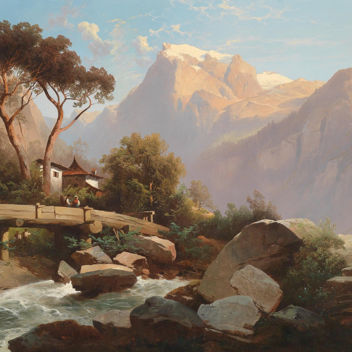 Mountain Valley with Stream and Stone Bridge – Landscape Oil Painting - Oil Painting Haven
