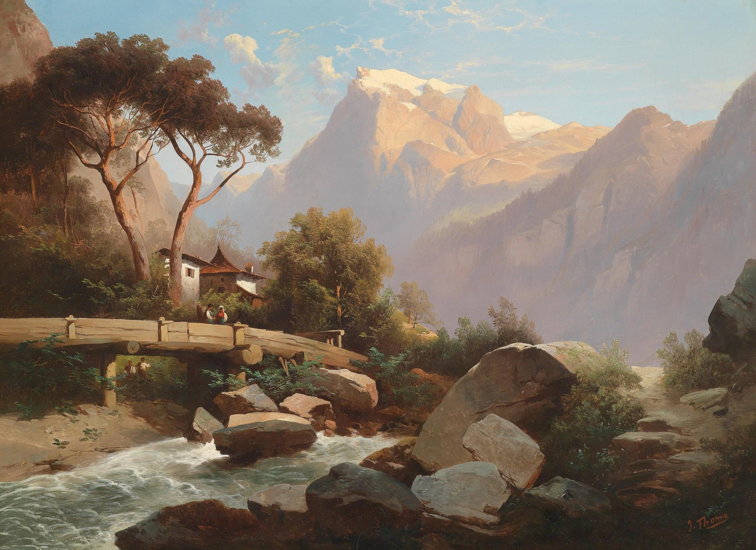 Mountain Valley with Stream and Stone Bridge – Landscape Oil Painting - Oil Painting Haven
