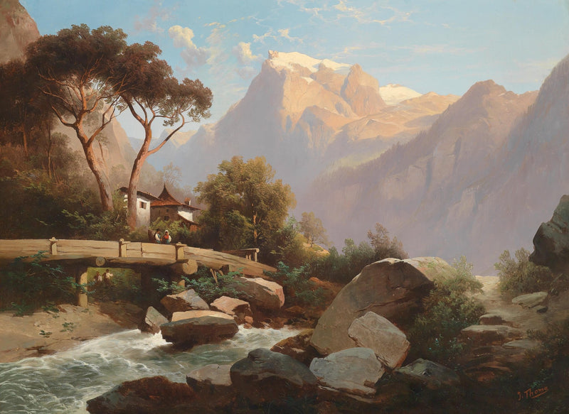 Mountain Valley with Stream and Stone Bridge – Landscape Oil Painting - Oil Painting Haven