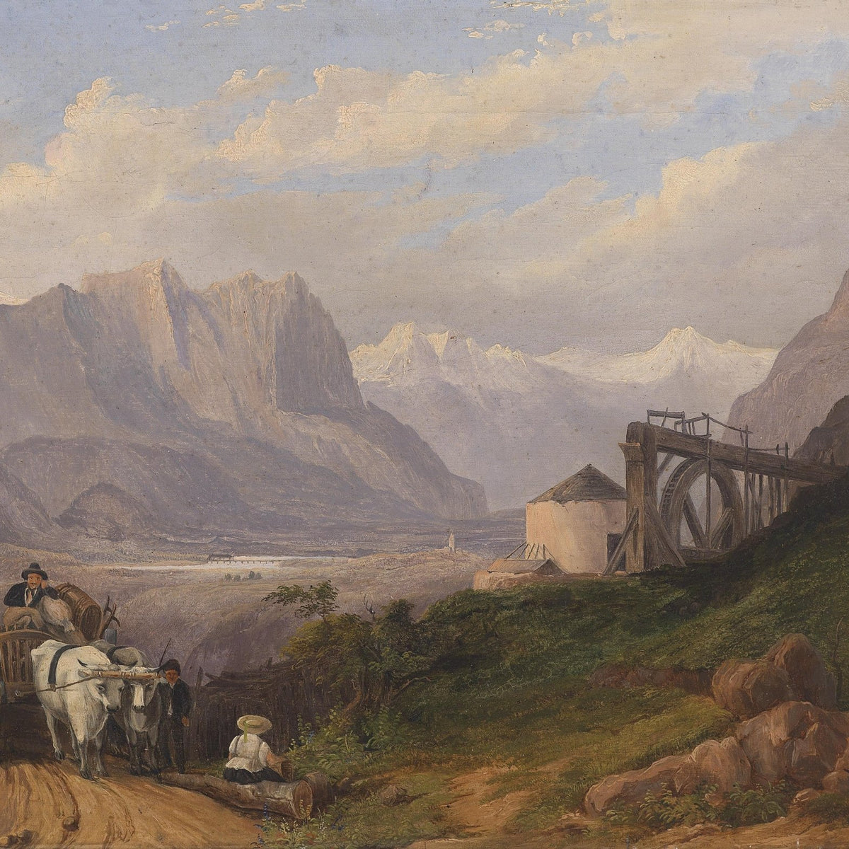 Mountain Valley with Wagon Road | Hand - Painted Landscape Oil Painting - Oil Painting Haven