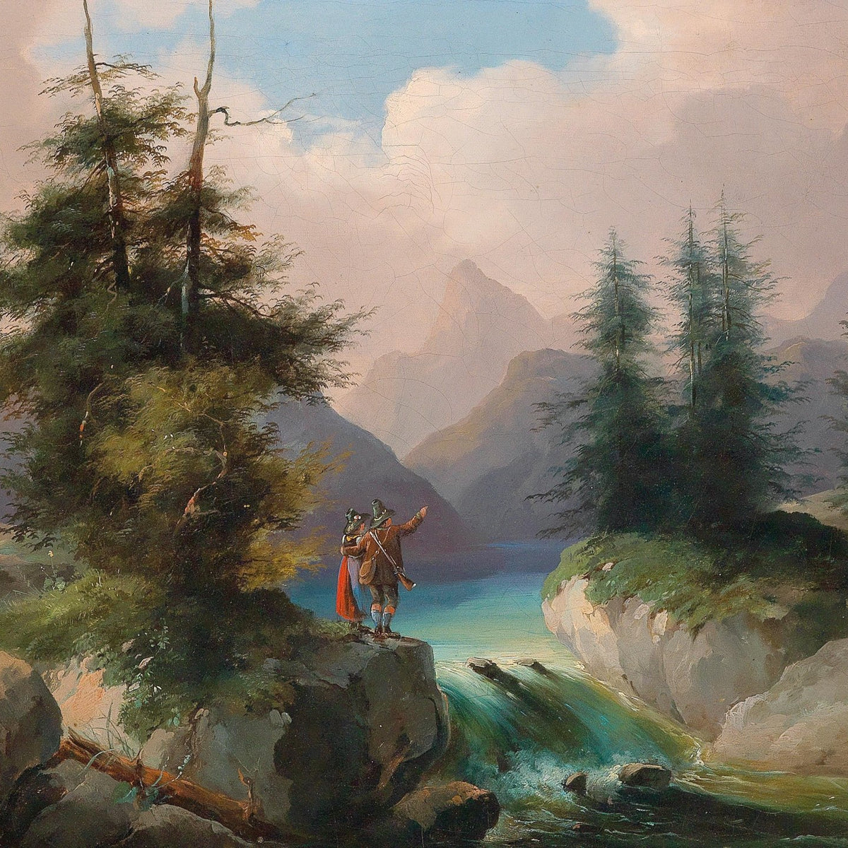 Mountain Viewpoint,Travelers, River Gorge – Landscape Oil Painting - Oil Painting Haven